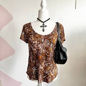 Brown Ditsy Floral Top, Cottagecore,‎ Coquette, Y2K, Vintage, Academia, Large